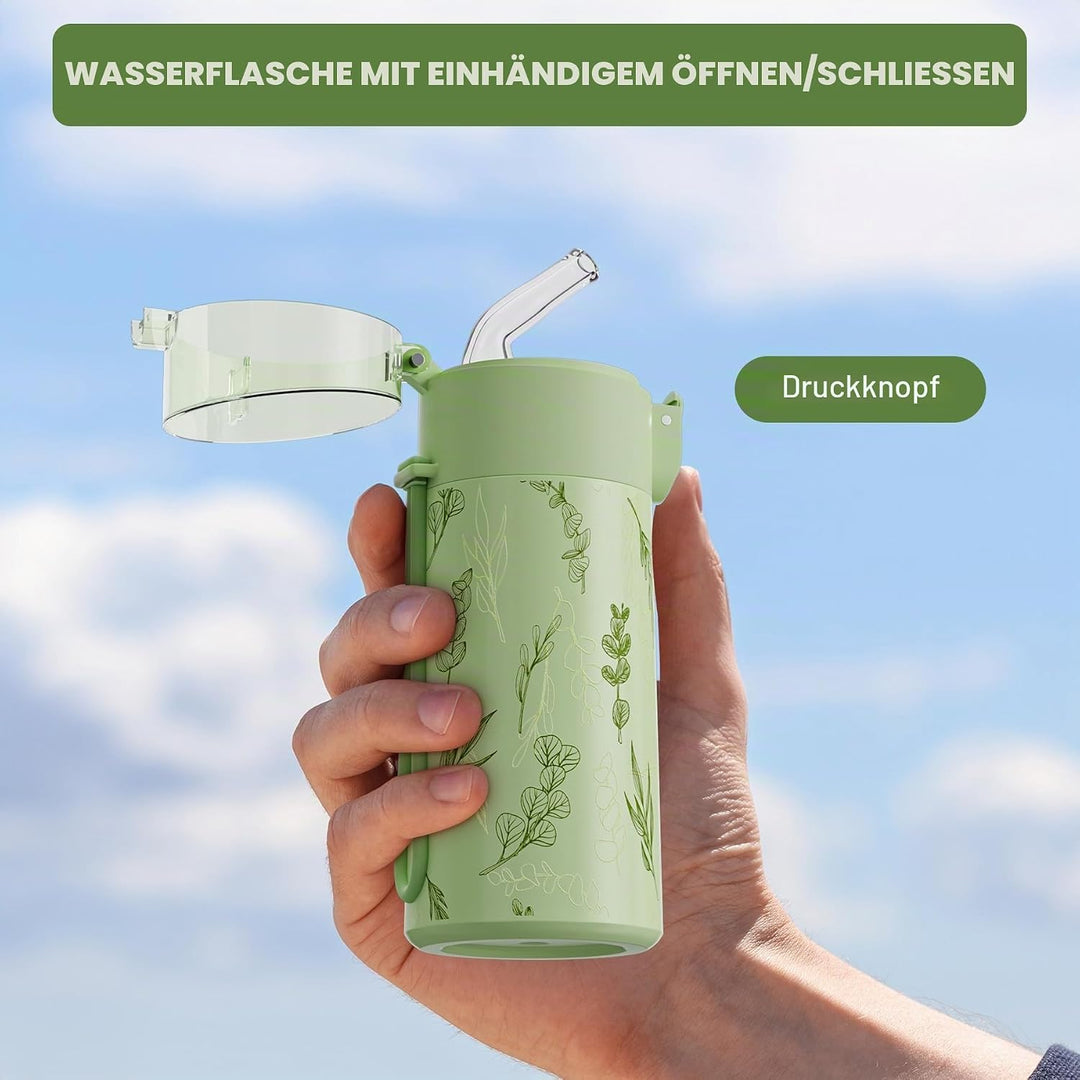 Exllena Trinkflasche Klein 150ml mit Strohhalm aus Edelstahl, Einhand-Bedienung, 100% Auslaufsicher,