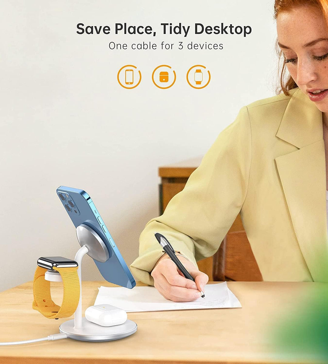 3 in 1 Kabellos Ladestation,Induktive Ladestation,15W Wireless Charger Kompatibel mit Mag Safe Ladeg
