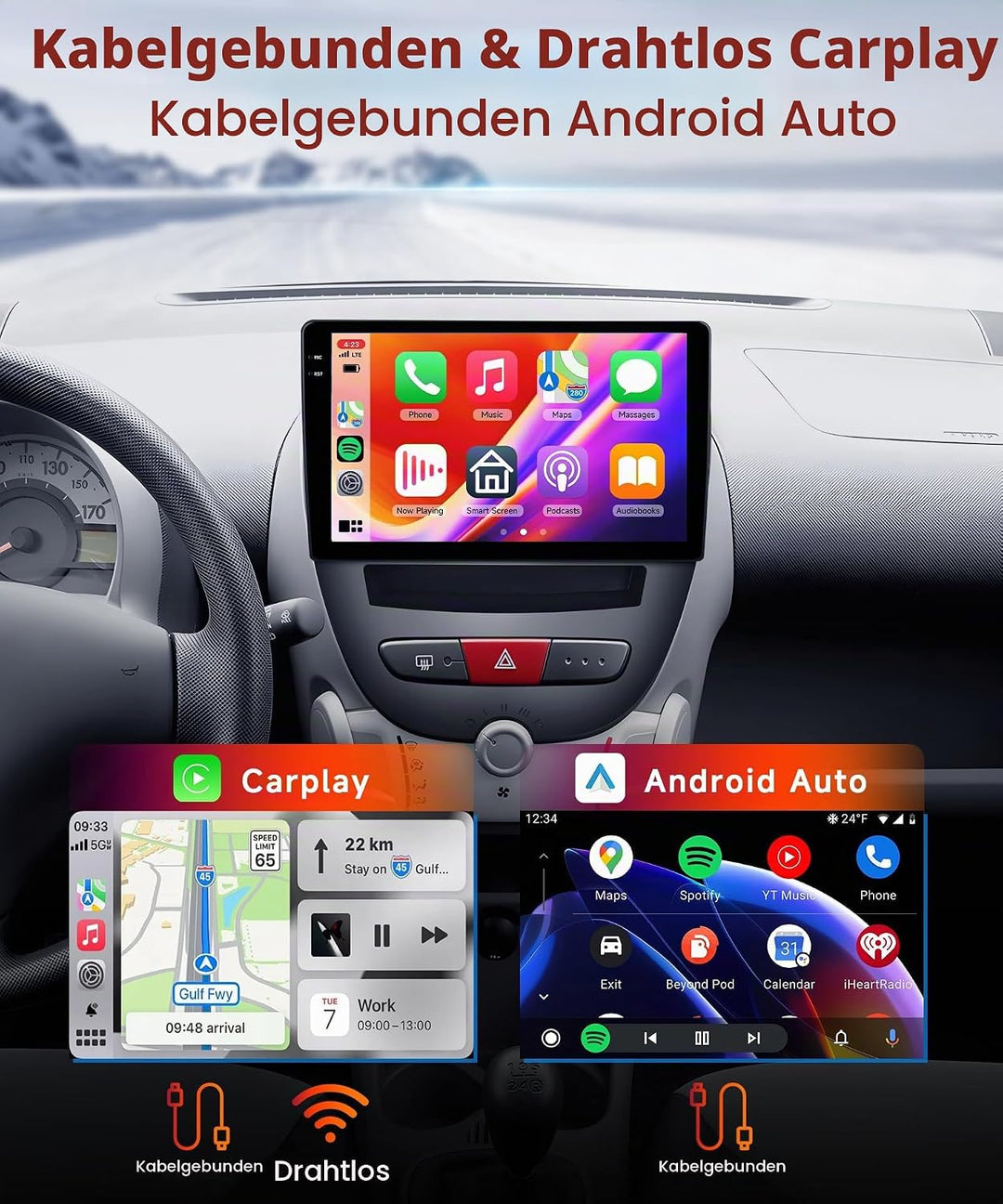 【2+32G】 Hodozzy Carplay/Android Auto Android Autoradio 2 Din für Toyota Aygo/Peugeot 107/Citroen C1