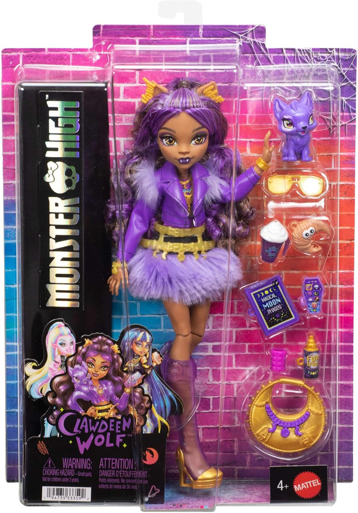 Monster High-Puppe, Clawdeen Wolf in violetter Moto-Jacke und Fellrock mit Wolfsjungem Crescent und
