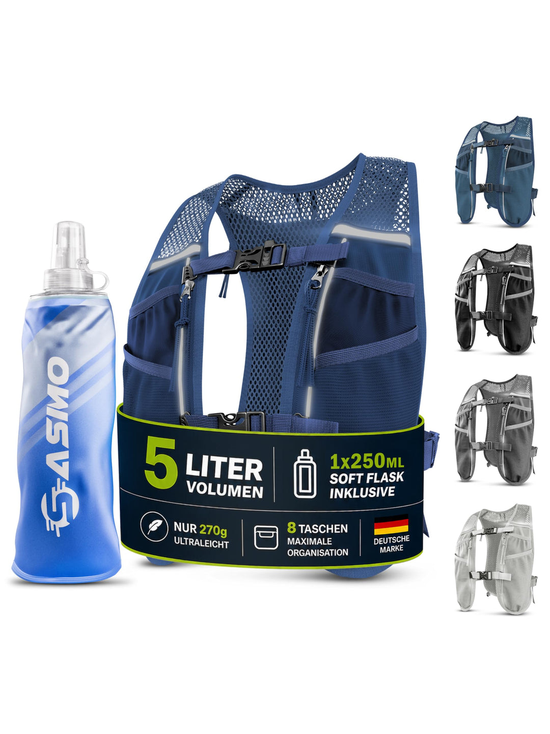 SASMO® Laufweste Damen & Herren 5L / 2L | Running Vest - Ultraleicht & atmungsaktiv| Laufrucksack Da