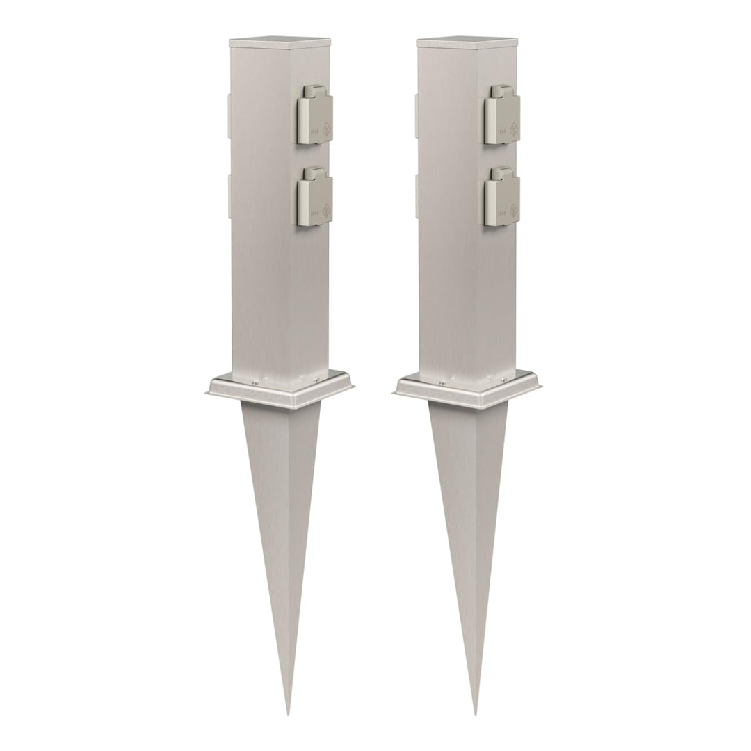 ledscom.de 2X Garten-Steckdosen-Säule Polly mit Erdspiess für aussen, 4-Fach, Edelstahl, eckig, 38cm