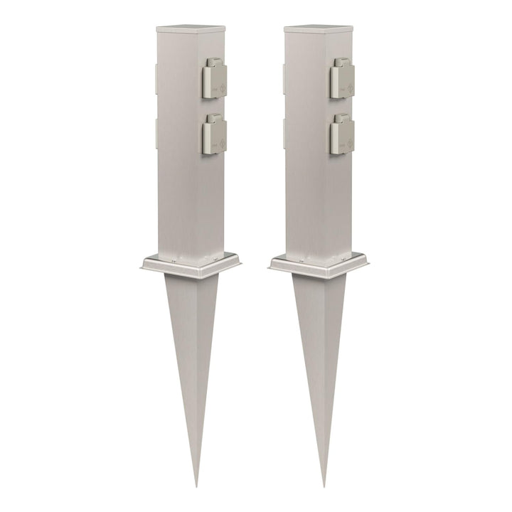 ledscom.de 2X Garten-Steckdosen-Säule Polly mit Erdspiess für aussen, 4-Fach, Edelstahl, eckig, 38cm