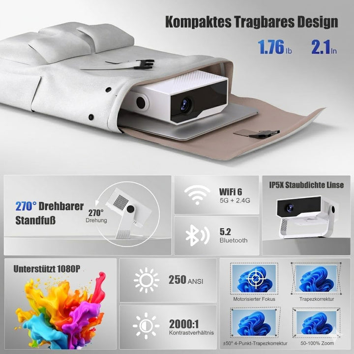 ZDK 2026 Upgrade Smart Beamer Integrierte Apps, Android 14, unterstützt 4K 1080P, Trapezkorrektur, W