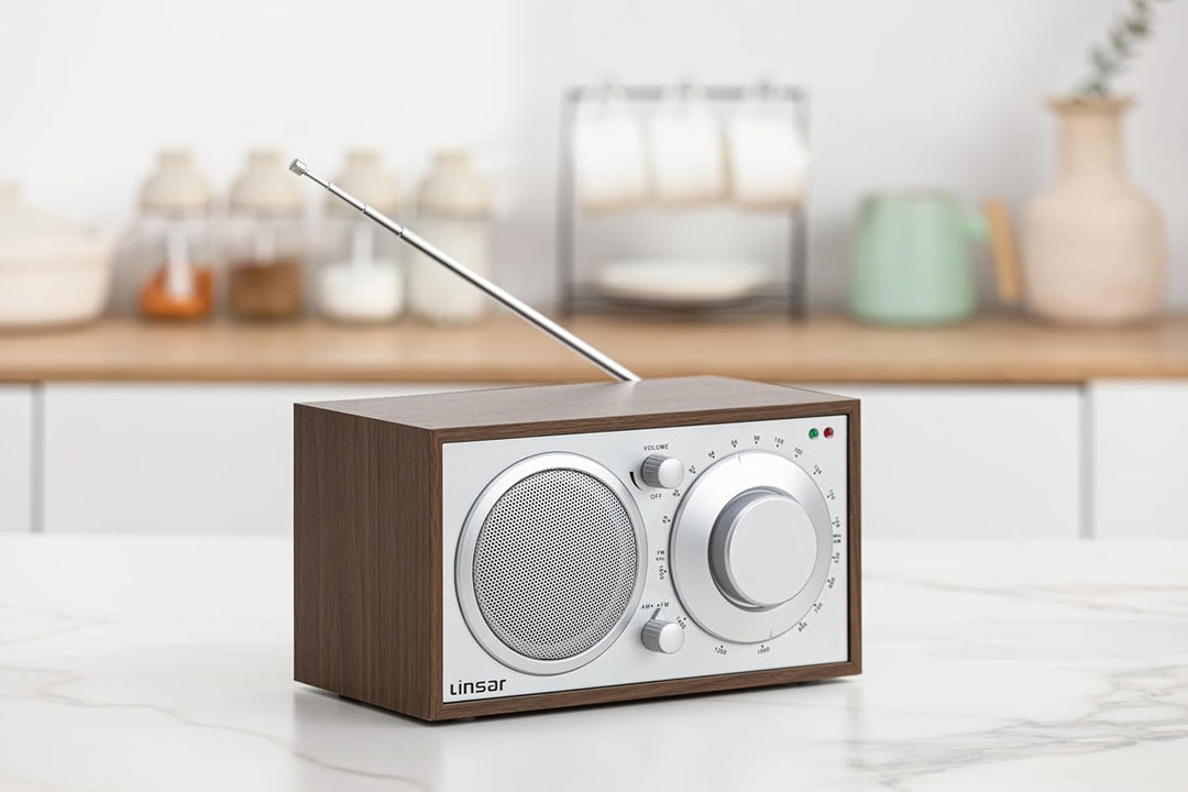 Linsar Radio in zeitlosem Holz-Design, Analoge Einstellung AM/FM, Eingebauter Mono-Lautsprecher, AUX