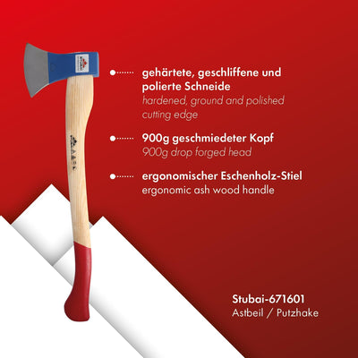 Stubai Astbeil mit Stiel, 900 g, 671601 Eschenholzstiel 900 g, Eschenholzstiel 900 g