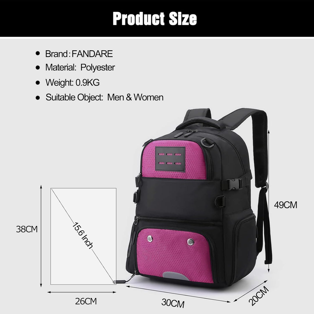 FANDARE Basketball Rucksack Fussball-Rucksack mit Ballfach & Schuhfach Schulrucksack mit 15.6 Zoll L