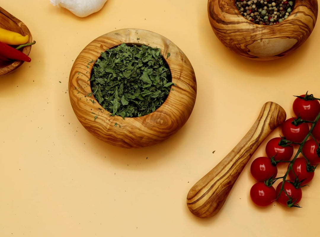 DAGDEG Mörser &amp; Stössel rund aus Olivenholz, Holzmörser,Kräuter-Gewürz-Mörser aus Holz, Kräutermühle
