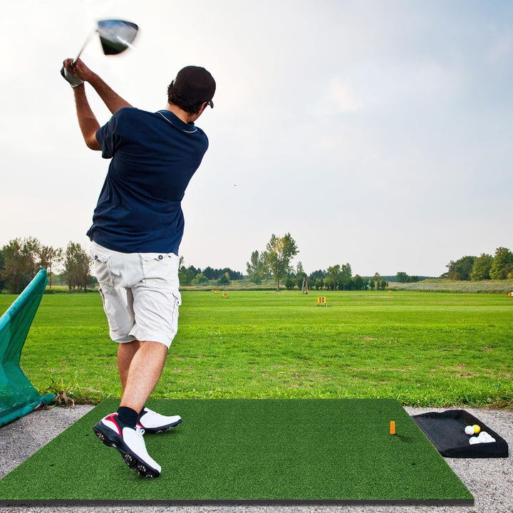 GYMAX Golf Abschlagmatte, Golf Übungsmatte mit 2 Gummi-Tees, 2 Ausrichtungsstäben &amp; 6 Abschlagpositi