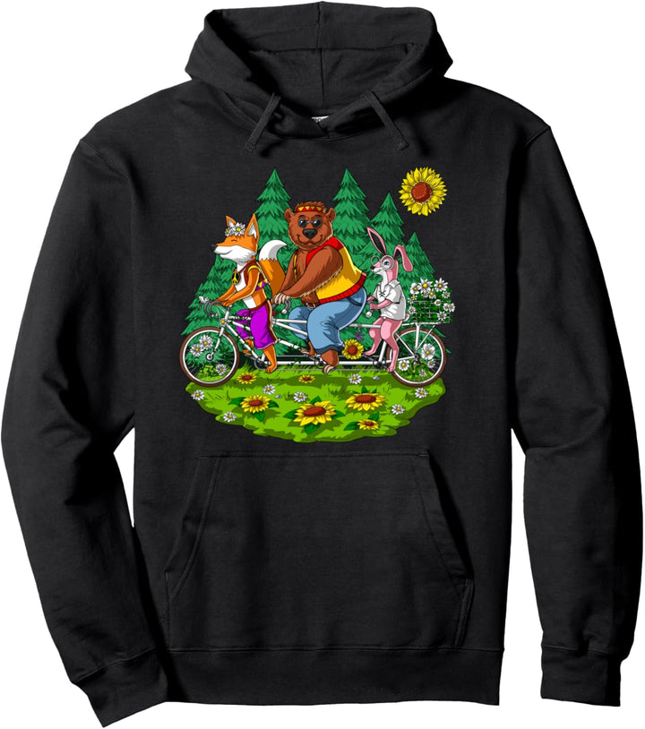Hippie Tiere Fahren Fahrrad Wald Bär Fuchs Kaninchen Pullover Hoodie