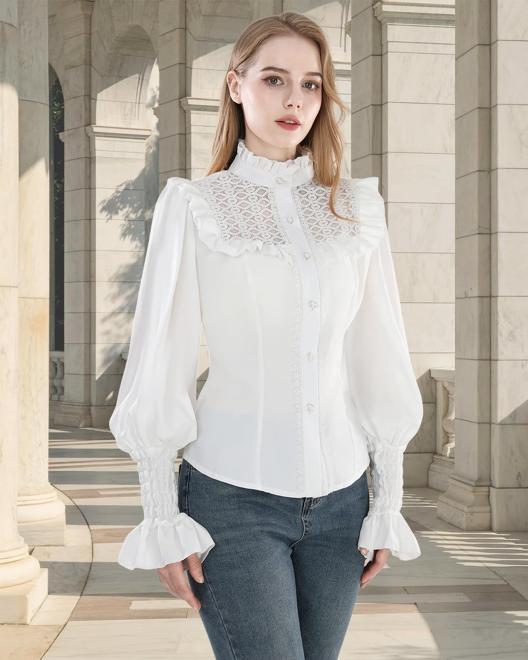CR ROLECOS Viktorianische Bluse Damen Stehkragen Damen Mittelalter Rüschenbluse Vintage Bluse Weiss