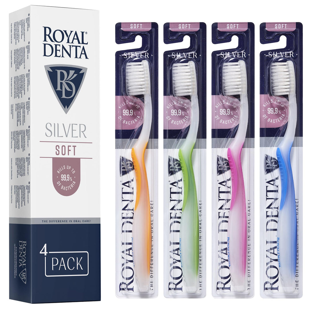 Royal Denta Silver Zahnbürsten mit weichen Borsten 4er-Pack - Doppellänge Borsten für effektive Inte