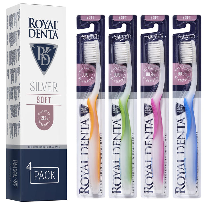 Royal Denta Silver Zahnbürsten mit weichen Borsten 4er-Pack - Doppellänge Borsten für effektive Inte