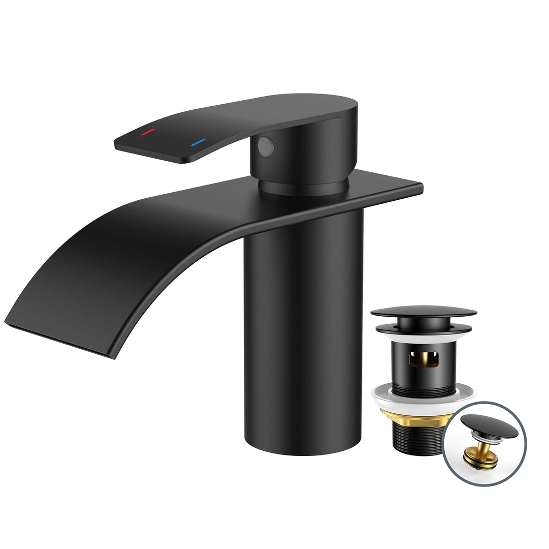 FORIOUS Wasserhahn Bad Schwarz mit Ablaufgarnitur, Edelstahl Wasserfall Waschbeckenarmatur mit Ausla