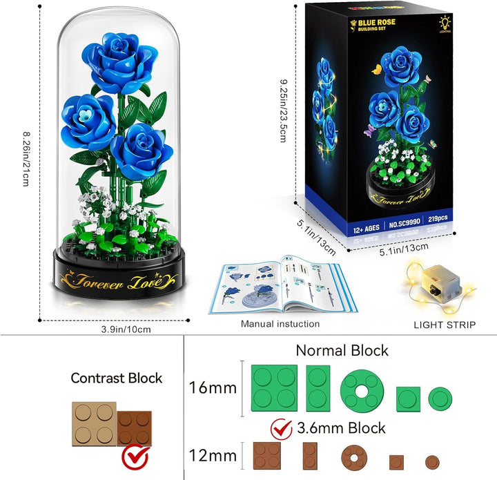 HiWEEGO Blumen Rosen Bauset mit LED Licht & Abdeckung – 219 Teile Rosenstrauss Ostergeschenke, 3,6 M