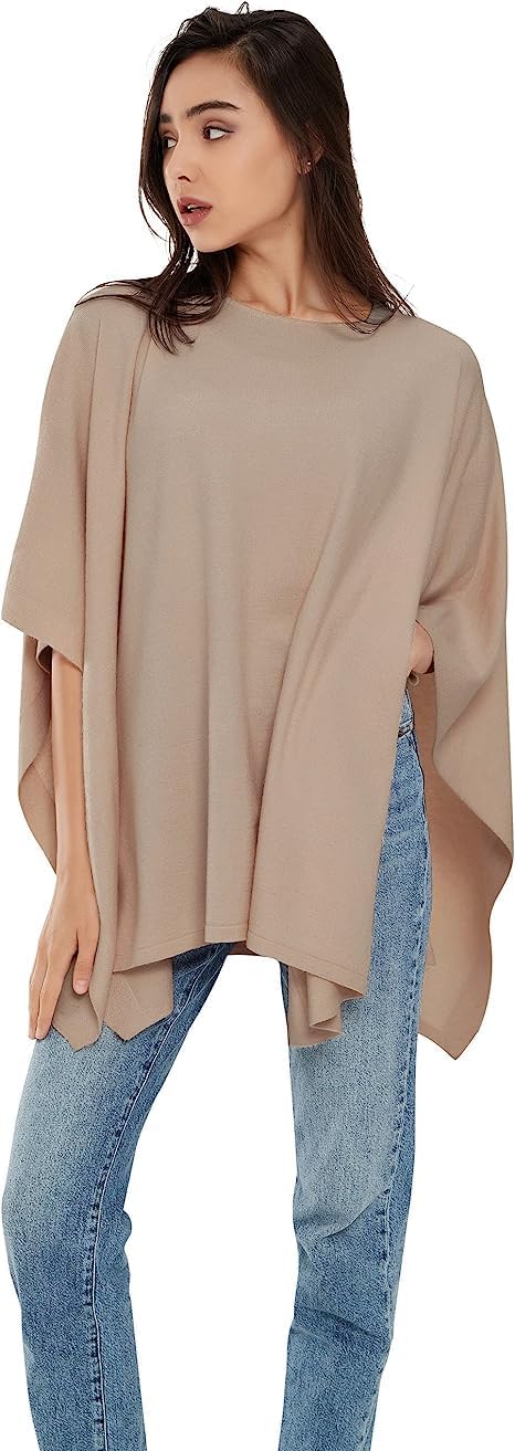 PULI Damen Pullover Poncho Elegant Viskose Strick Locker sitzend Poncho Schal Einheitsgrösse Beige,