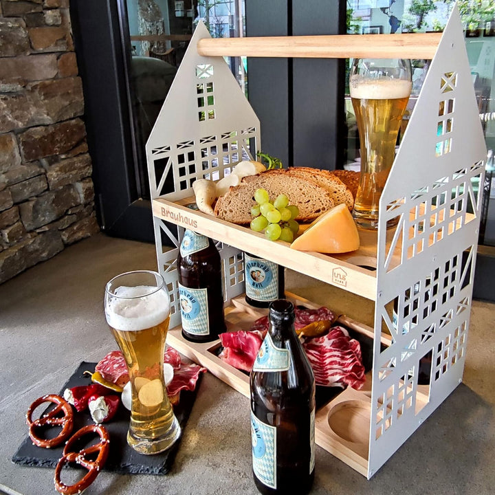 UNUS HOME Etagere Brauhaus, 2 Etagen mit Griff, für Bier, Snacks, Wurst und Käse mit 4 Flaschenhalte