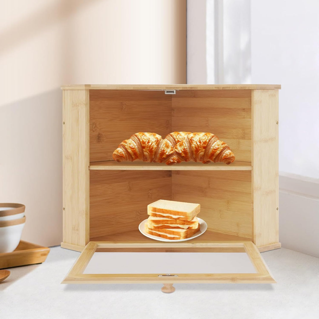 Doppelschichtige Brotkasten Dreieckiges Design für die Küchenarbeitsplatte, Bambus Brotbox mit magne
