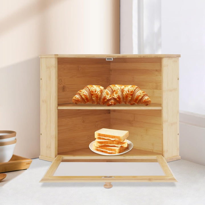 Doppelschichtige Brotkasten Dreieckiges Design für die Küchenarbeitsplatte, Bambus Brotbox mit magne