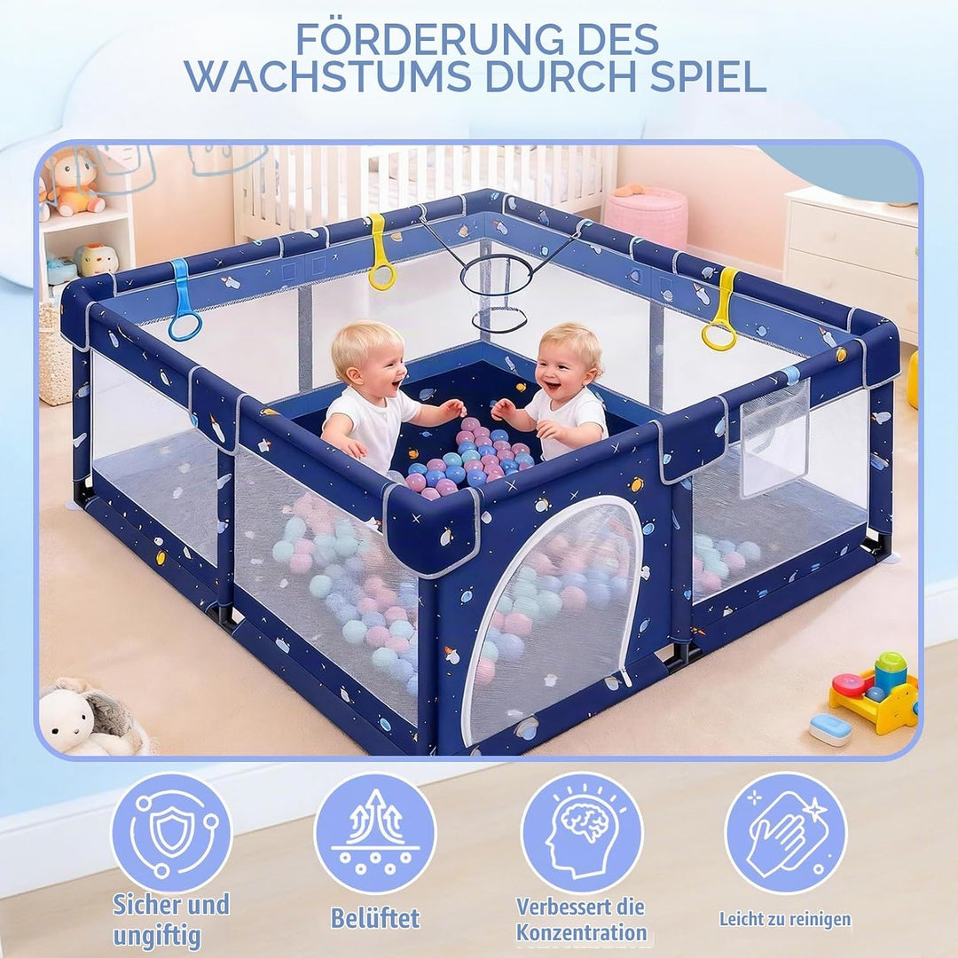 Verdego Laufstall Baby 130 x 130 x 66 cm, Laufgitter Baby, Laufstall Faltbar mit Zugringen, Bällen,