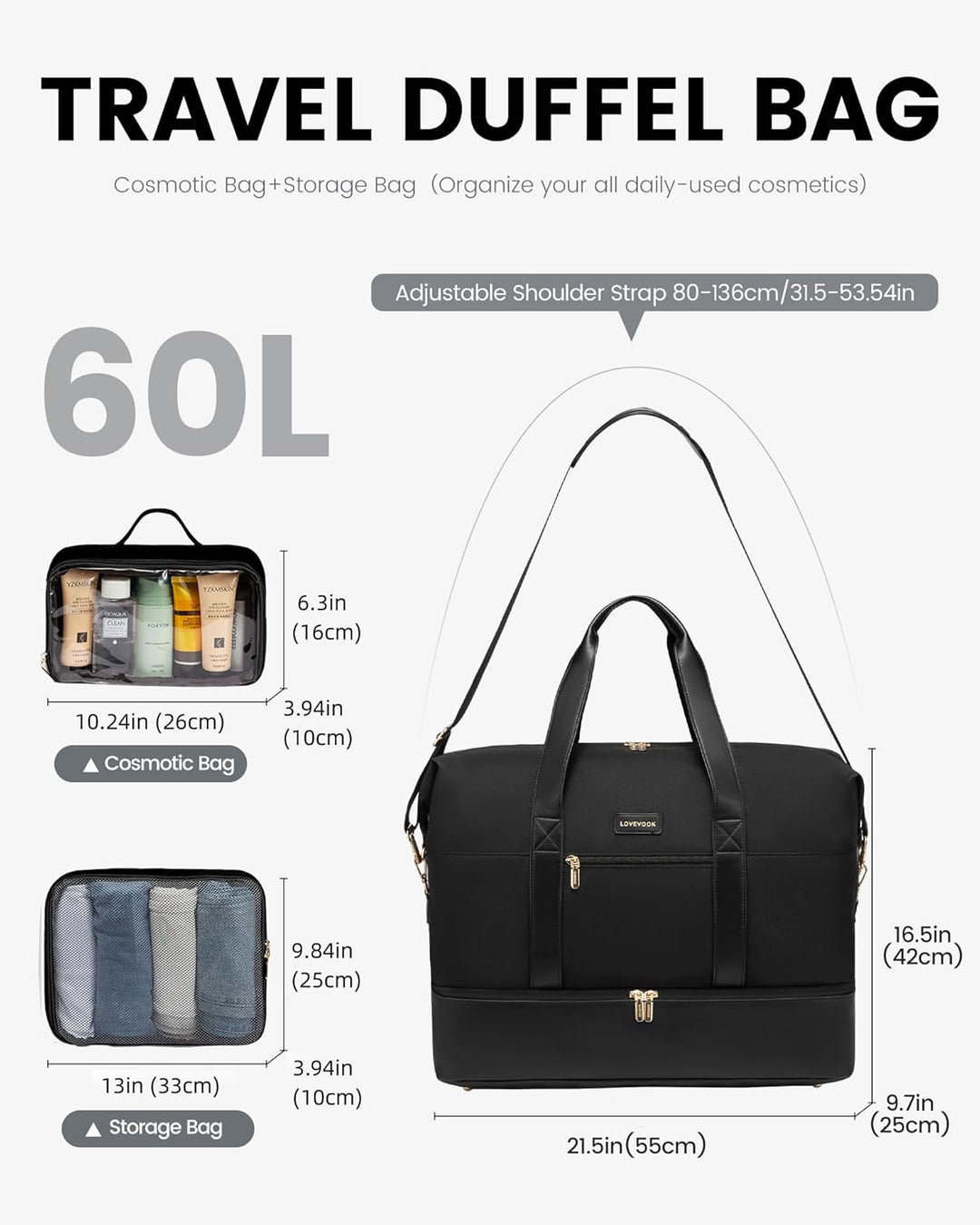 LOVEVOOK Reisetasche Damen Weekender Bag, Gross Handgepäck Tasche 60L Sporttasche Kliniktasche Gebur