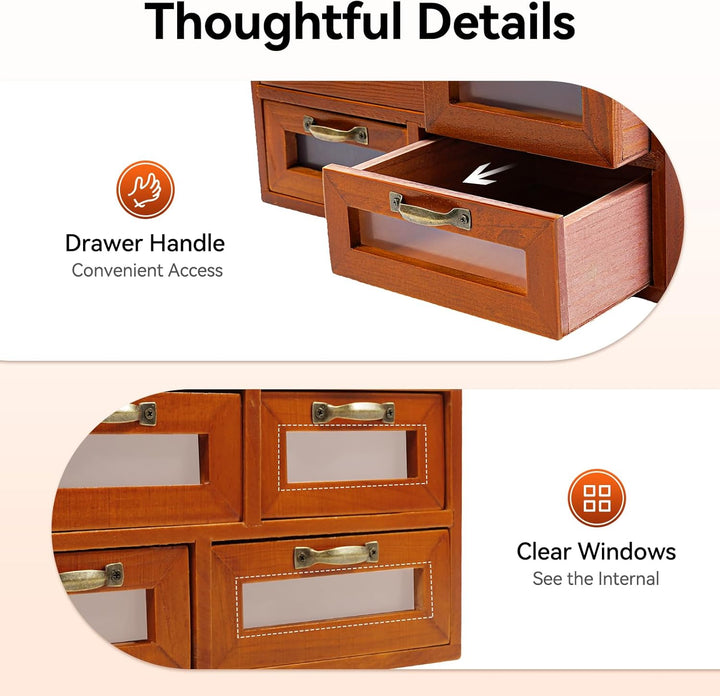 4 Stück Vintage Apothekerschrank Holz, 16 Schubladen mit Sichtfenster, Schreibtisch Organizer für Bü