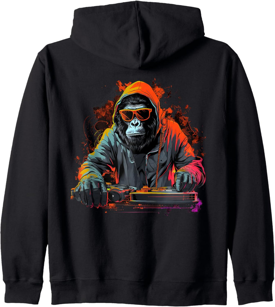 Lustiger Haus-Affe (DJ Monkey) Gorilla spielt DJ für Party Kapuzenjacke