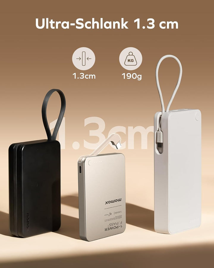 MOMAX Ultraflache Powerbank 10000mAh, 30W Schnellladung mit integriertem USB-C Kabel, 56% Ladung in