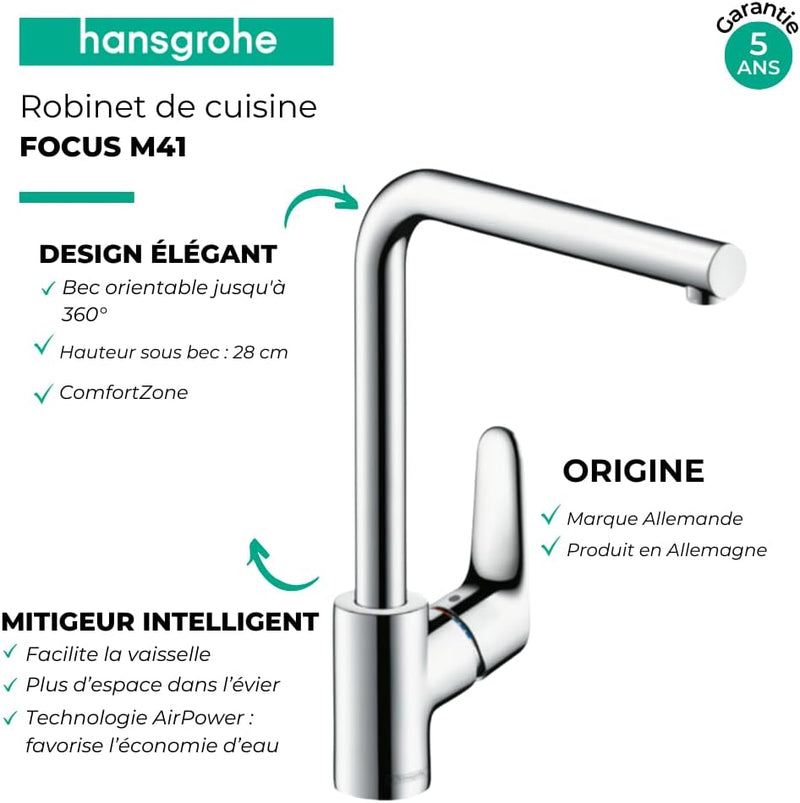 hansgrohe Focus Küchenarmatur (Wasserhahn Küche ohne Schlauchbox, 360° schwenkbar, hoher Auslauf 280