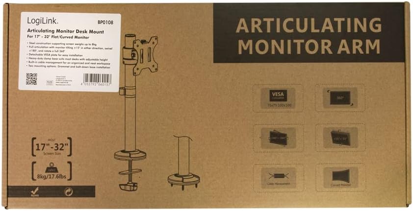 LogiLink BP0108 - Monitorhalterung, 17–32", Stahl, Curved Screens, Schwarz