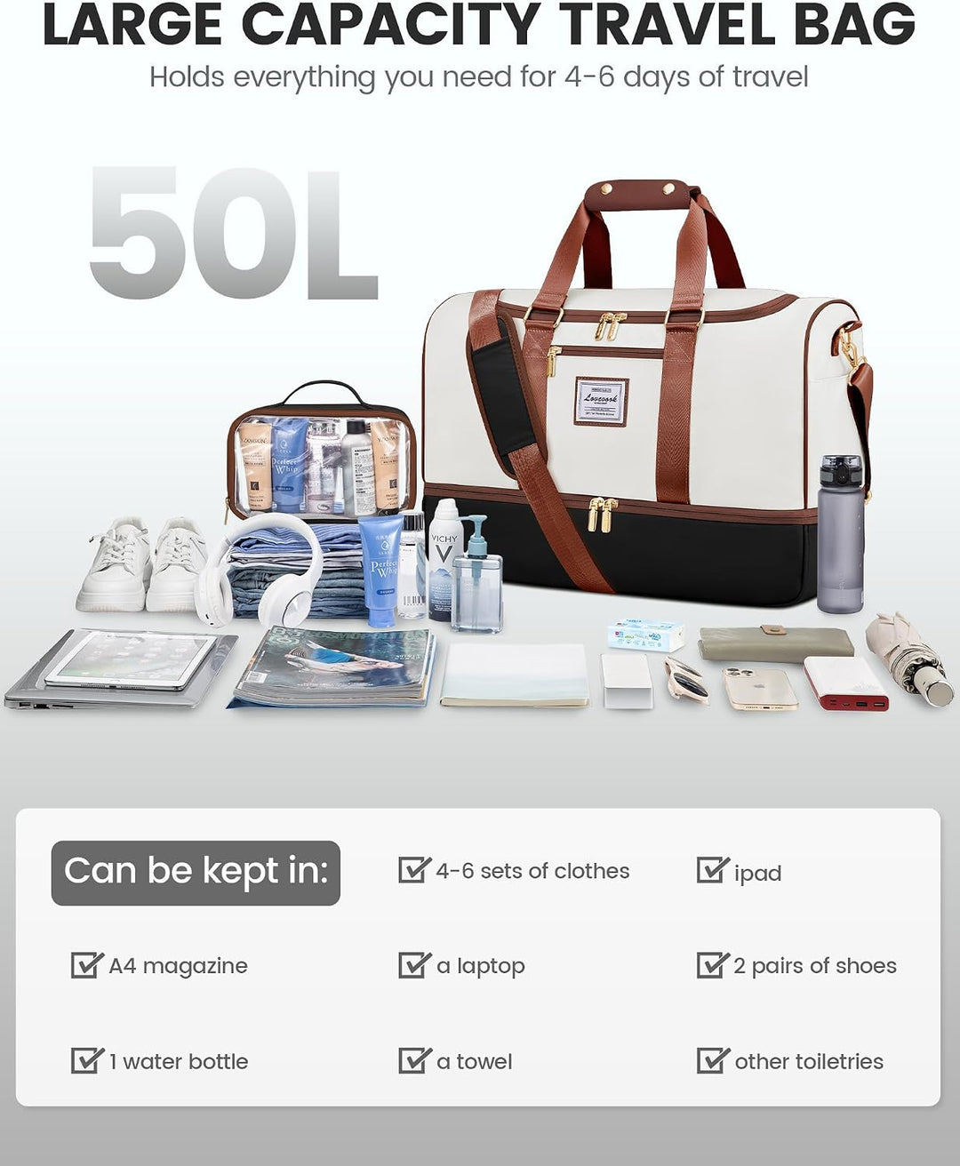 LOVEVOOK Weekender Gross Reisetasche, 50L Travel Duffle Bag Reisetaschen mit Kulturtasche, Schuhfach