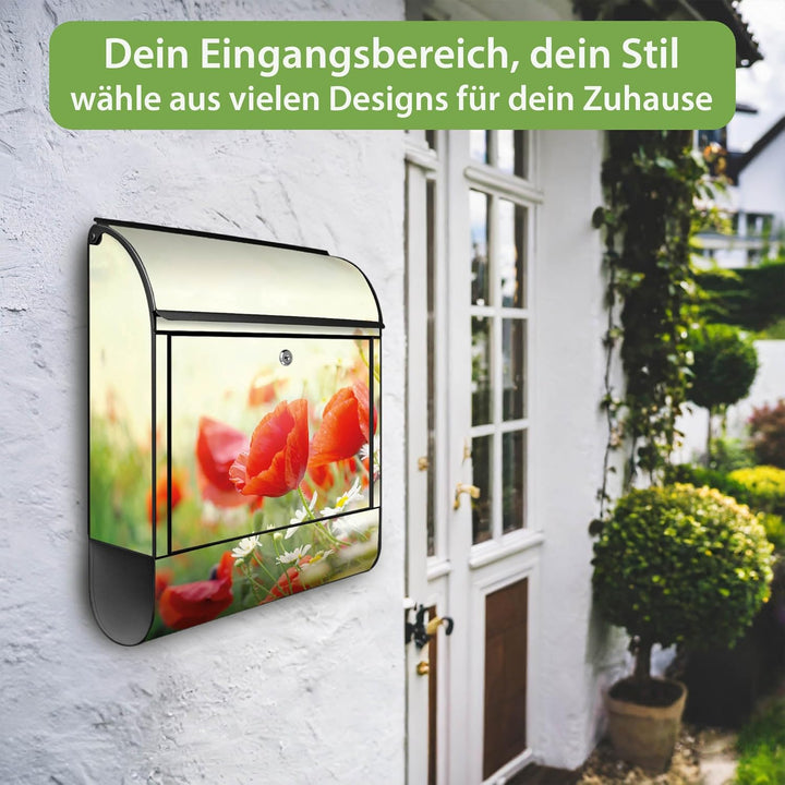 banjado® Design Briefkasten mit Motiv Kamille Und Mohn 39x47x14cm &amp; 2 Schlüssel - Briefkasten Stahl