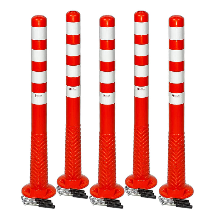 UvV 5 Stück flexible Absperrpfosten Ecoline 100cm orange vier Reflexstreifen (RA1) Befestigungsmater
