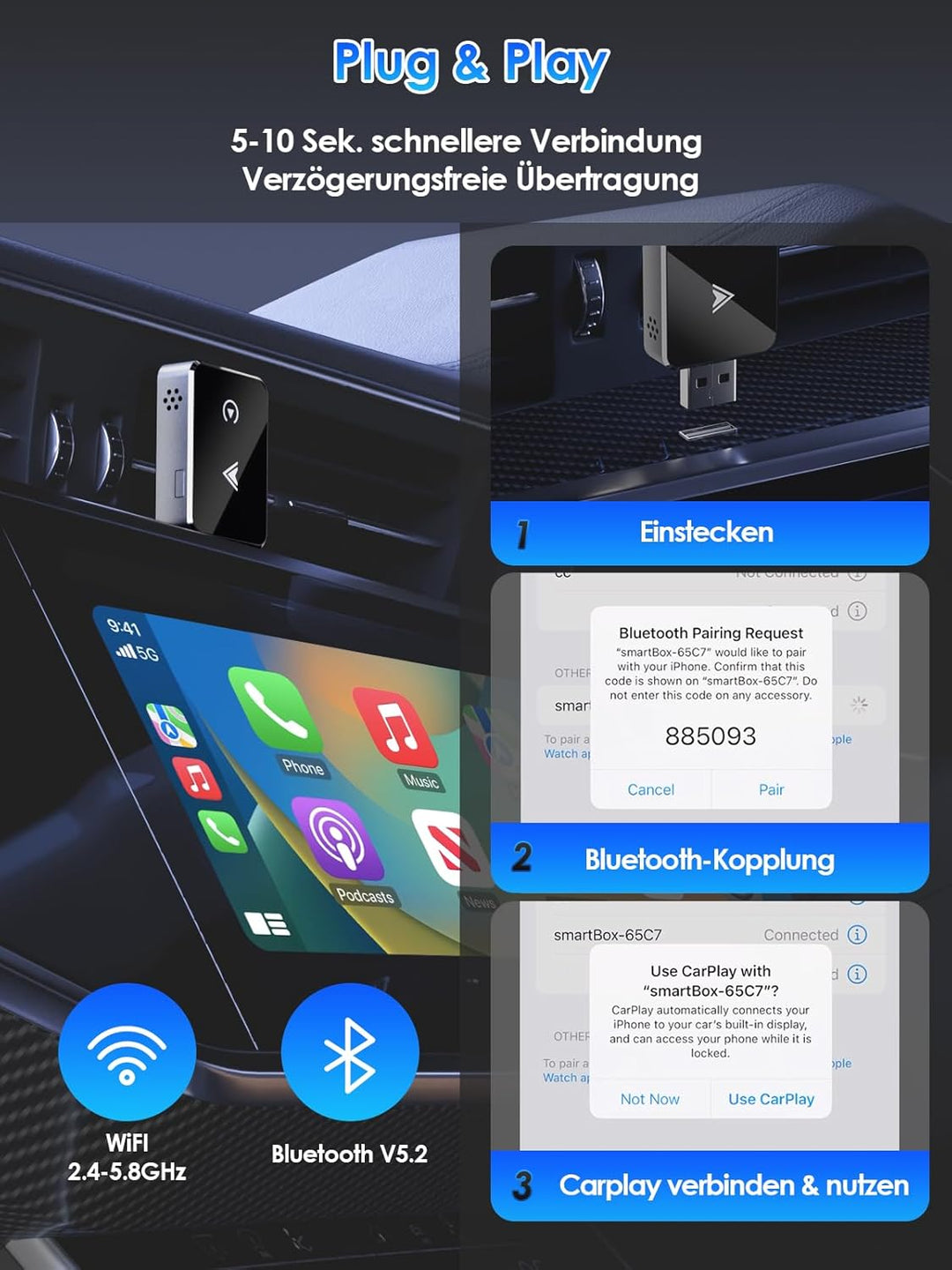 Wireless Adapter 2-in-1 für CarPlay/Android Auto, PARPAT Umwandlung von Kabelgebunden zu Kabellos mi