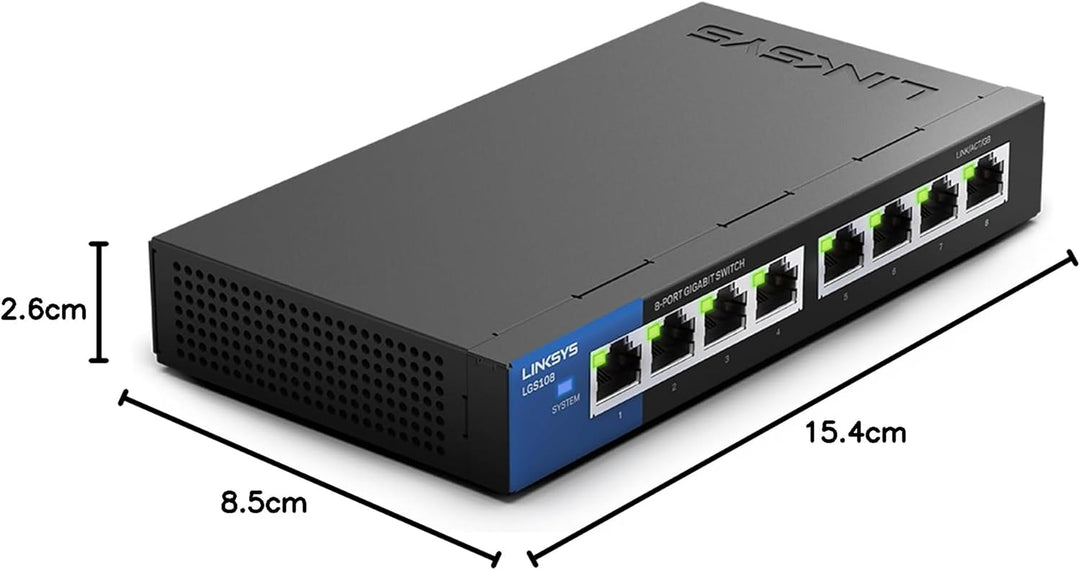 Linksys LGS108-EU 8-Port Unmanaged Gigabit-Netzwerk-Switch – Ethernet-Switch/Hub mit Metallgehäuse,