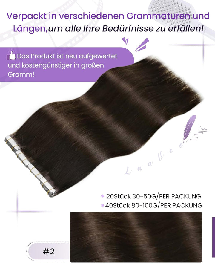 LaaVoo Extensions Echthaar Tape in Braun Echthaar Extensions Tape Dunkelbraun Haarverlängerung Echth