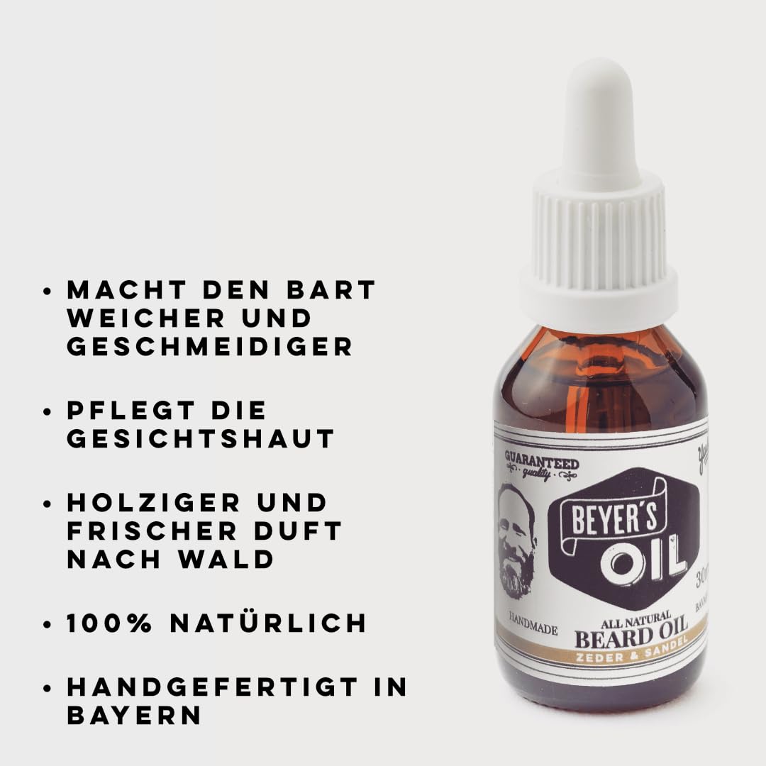 Beyer’s Oil Bartöl Zeder &amp; Sandel 30ml - 100% natürliche Bartpflege - Macht den Bart weich und glatt