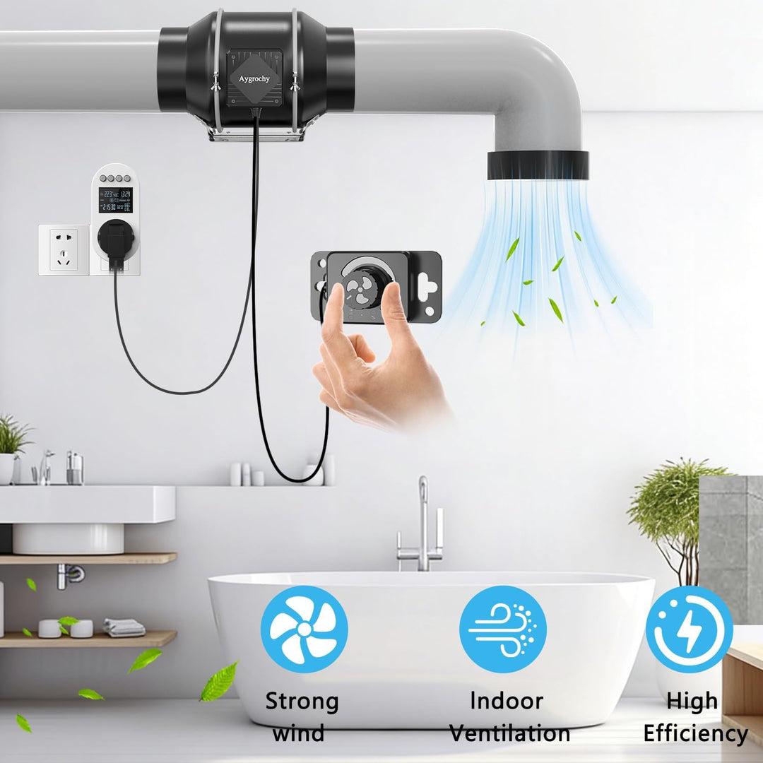 Aygrochy Rohrventilator 125mm, Rohrlüfter 416 m³/h, mit Smart Steuerung, Feuchtigkeitssensor & Timer