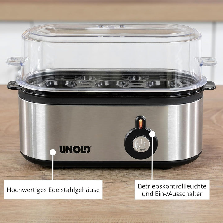 UNOLD 38610 Eierkocher Mini, Edelstahgehäuse, Eiereinsatz mit Griff für 1 bis 3 Eier, Signalton, Bet