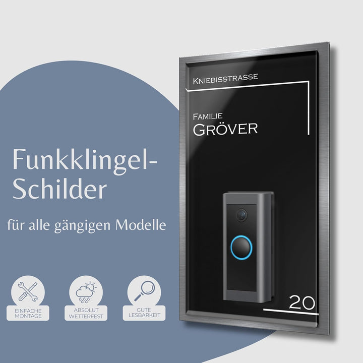 Edles Klingelschild für alle gängigen Funkklingeln - aus Edelstahl und Acrylglas | kompatibel mit al