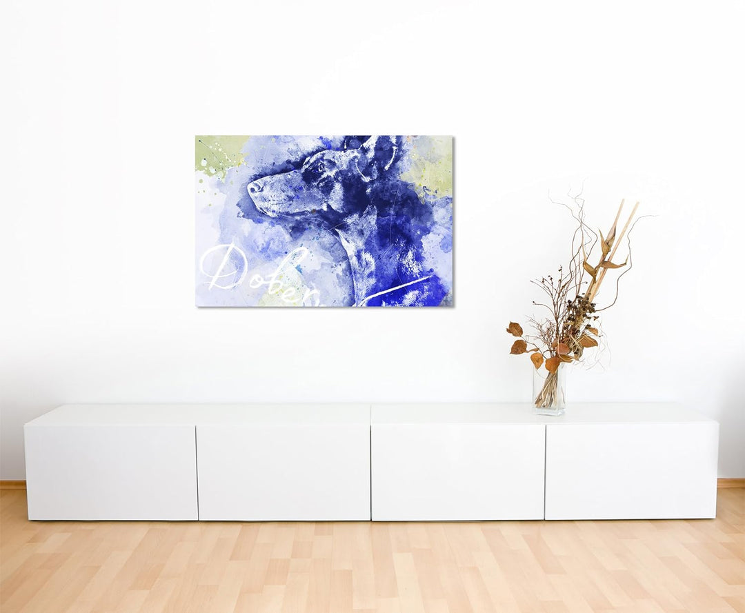 Paul Sinus Art Bild Leinwand 120x80cm Dobermann im Seitenprofil in Blautönen mit Kalligraphie, 120x8