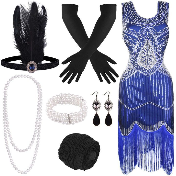 FEPITO 1920er Jahre V-Ausschnitt Pailletten Perlen Fransen Kleid mit 20er Jahren Zubehör Set Blau M,