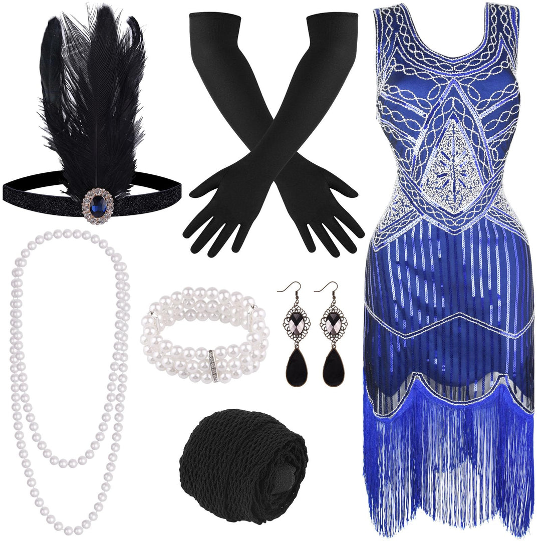 FEPITO 1920er Jahre V-Ausschnitt Pailletten Perlen Fransen Kleid mit 20er Jahren Zubehör Set Blau L,