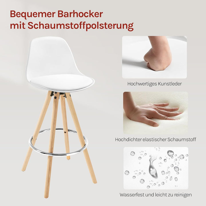 WOLTU Barhocker 2er Set, mit Lehne, Kunstleder+Holz, Weiss | Barstuhl mit Fussstütze, Design Stuhl 7