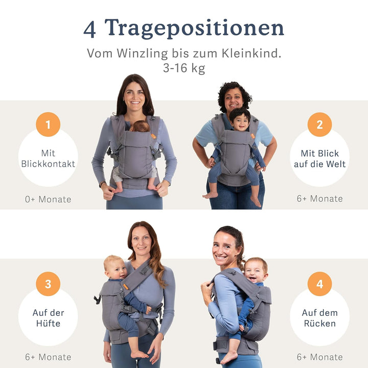Beco Gemini Babytrage Neugeborene ab Geburt bis Kleinkind - 4 Tragepositionen Baby Trage aus 100 % B