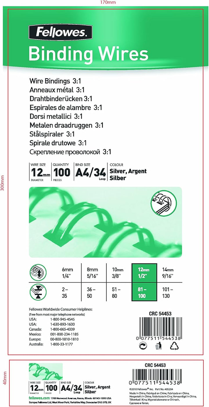 Fellowes Drahtbinderücken A4, 12mm, silber, 100 Stück 12 mm, 12 mm