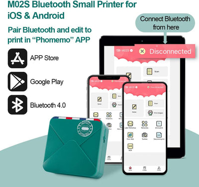 Phomemo M02S Mini-Thermodrucker-Set - Wireless Bluetooth Portable 300dpi HD-Druck mit wiederaufladba