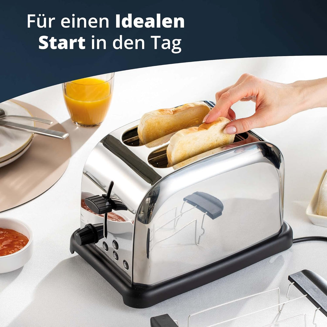 KHG Edelstahl Toaster in Chrom Optik mit Brötchenaufsatz, 2 Scheiben | 6 Bräunungsstufen mit Bräunun