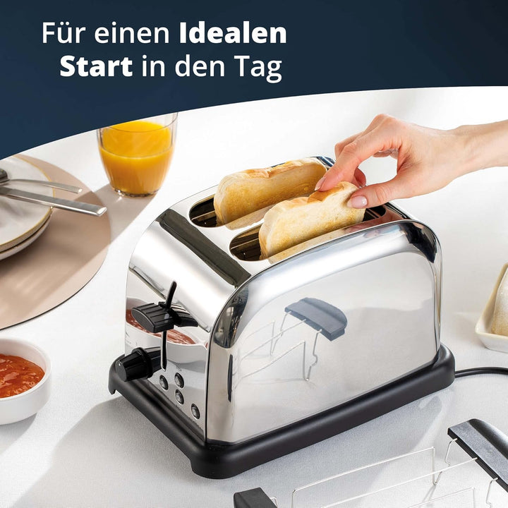 KHG Edelstahl Toaster in Chrom Optik mit Brötchenaufsatz, 2 Scheiben | 6 Bräunungsstufen mit Bräunun