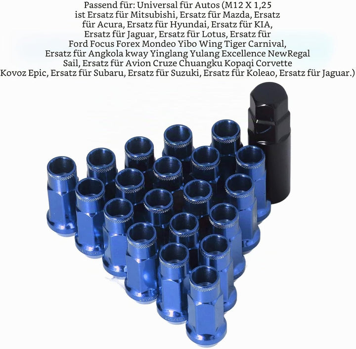 KIMISS Radmuttern, Universal 20 Stück M12x1,25 Metall Radmuttern Universal Autozubehör(Blau), Blau